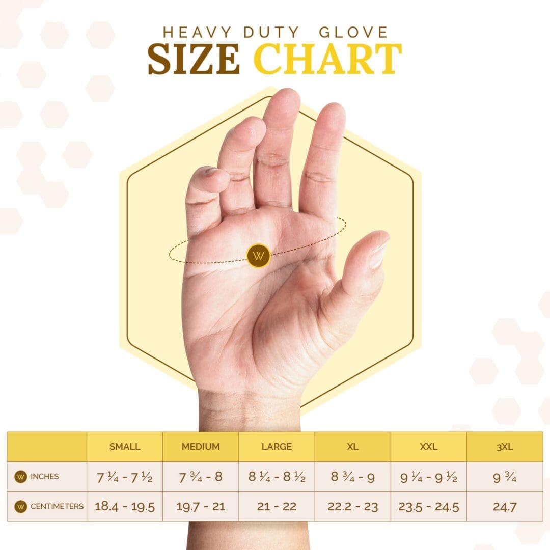 Hand size chart for heavy-duty gloves.